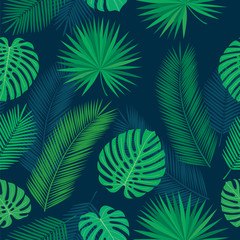 Seamless pattern with tropical leaves for textile, wallpapers, gift wrap and scrapbook. Green background. Vector illustration.