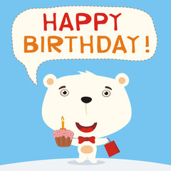 Happy birthday! Funny polar bear with birthday cake and gift. Birthday card with polar bear  in cartoon style.