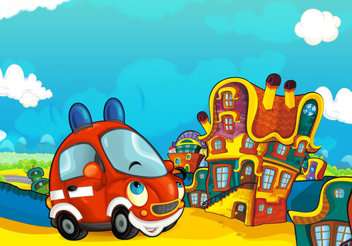 Cartoon fire brigade car smiling and looking in the parking lot - illustration for children © honeyflavour