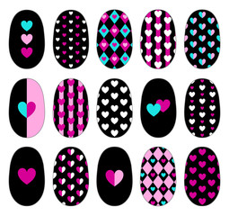 Nail art heart design templates. Manicure design set. Can be used for false nail tips and stickers. Isolated on white. EPS 10.