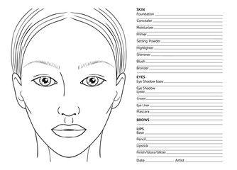 Female face chart blank for professional make-up artists. EPS 10 vector.
