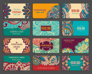 Vintage ornate design business card collection with floral texture. EPS 10 vector pattern set in oriental style.