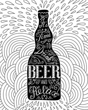 Beer bottle with lettering on the doodle background. EPS 10 vector poster.