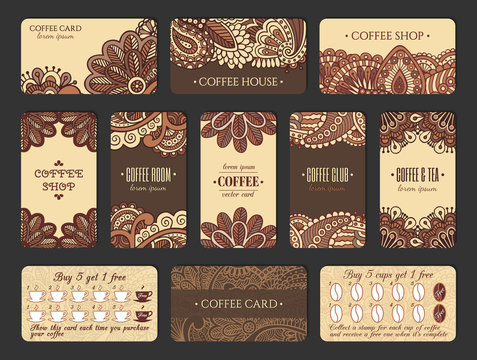 Coffee card design set in Indian style. Vertical and horizontal cards with loyalty program.  EPS 10 vector template collection.  