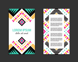 Aztec style colorful vertical flyer. American indian ornamental pattern design. Front and back pages. Ornamental blank with ethnic motifs. Tribal decorative template. EPS 10 vector concept. Isolated.