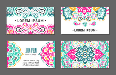 Indian style horizontal colorful ornate visiting card set. Ornamental blanks with ethnic motifs. Oriental design concept. EPS 10 vector illustration. Clipping masks.