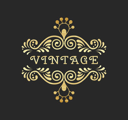 Elegant retro flourish decor. Vintage logo design with gold antique texture. Baroque style ornament for boutique, restaurant, cafe, flower shop emblem. EPS 10 vector illustration. Clipping mask.
