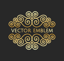 Elegant retro flourish decor. Vintage logo design with gold antique texture. Baroque style ornament for boutique, restaurant, cafe, flower shop emblem. EPS 10 vector illustration. Clipping mask.