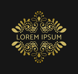 Elegant retro flourish decor. Vintage logo design with gold antique texture. Baroque style ornament for boutique, restaurant, cafe, flower shop emblem. EPS 10 vector illustration. Clipping mask.