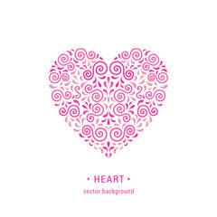Heart Ornamental pink heart made of swirls and leaves. Romantic retro style flourish emblem. EPS 10 vector illustration. Valentine's day card design template. Isolated on white background