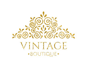 Elegant retro flourish decor. Vintage logo design with gold glitter texture. Baroque style ornament for boutique; restaurant; cafe; flower shop emblem. EPS 10 vector illustration. Clipping mask.
