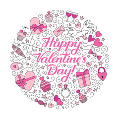 Doodle background with hand-drawn lettering phrase Happy Valentine's Day! Round composition shades of pink. EPS 10 vector illustration. 