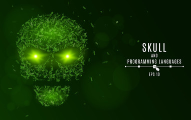 Abstract glowing skull of green color from the symbols. Tags of programming languages. Database. Glowing eyes. Html, php, css, java. Vector illustration