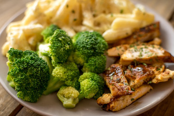 Chicken broccoli Alfredo. Healthy meal. Pasta, broccoli and chicken..