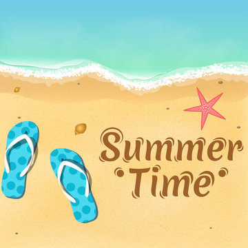 Slates, a starfish and a beautiful text on the beach. Opening of the summer season. Relax on the beach. Vector illustration