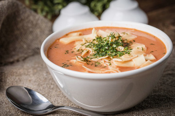 Fresh tomato soup with rice.