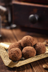 Truffle chocolate candies with cocoa powder