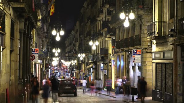 Nightlife in Barcelona, Spain, view of a crowded street, time lapse