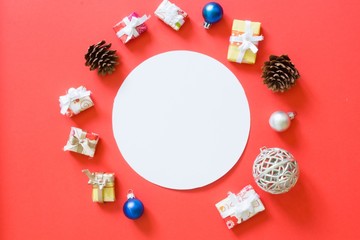 Presents on red background. Christmas shopping concept