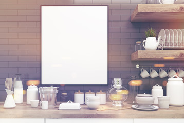 Gray kitchen with poster, shelves close up toned