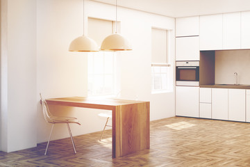 White kitchen, wooden floor side toned
