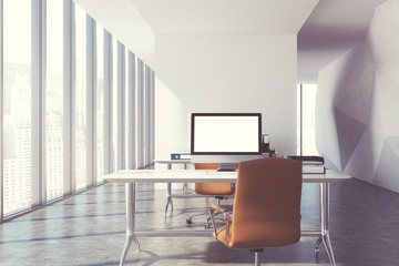 Blank computer monitor on a white table in a panoramic office. Original wall decoration. 3d rendering mock up toned image