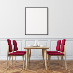 White wall dining room, red chairs