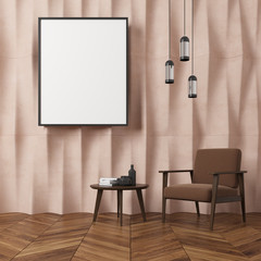 Beige textured wall living room, brown armchair