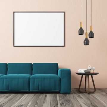 Beige living room, blue sofa