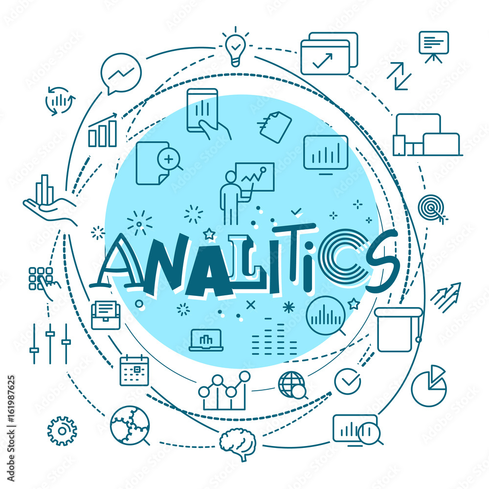 Poster Analitics concept. Web and mobile app outline icons set