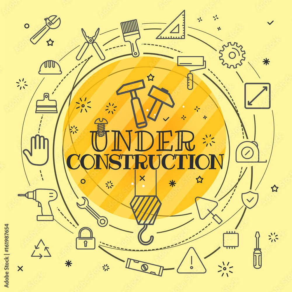Aufkleber under construction concept. different thin line icons included