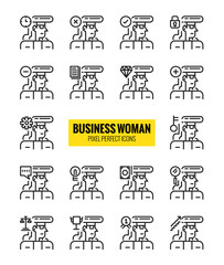 Business woman outline icon set. Modern minimalistic style. Pixel perfect thin line icons design. vector illustration