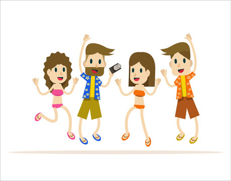 Happy group of people jumping on the beach. The concept of friendship,summer, vacation. flat character design. vector illustration