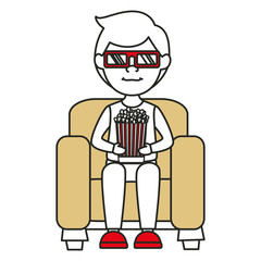 Man on sofa eating pop corn vector illustration design