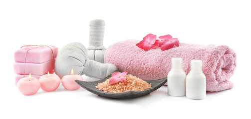 Composition with spa cosmetic, candles and hortensia flowers, isolated on white