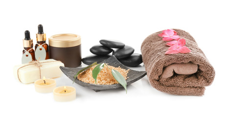 Composition with spa cosmetic, candles and hortensia flowers, isolated on white