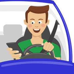 Young man using his smartphone behind the wheel. Problem addiction danger concept