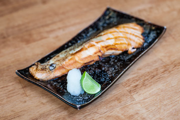 Grill Salmon fish Japanese food style with lemon 