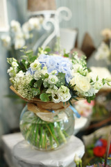 Colorful blooming bouquet of flowers in shop