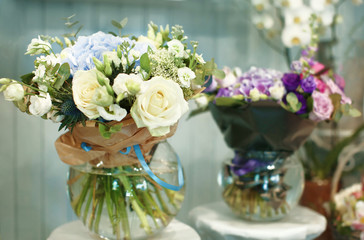 Colorful blooming bouquet of flowers in shop
