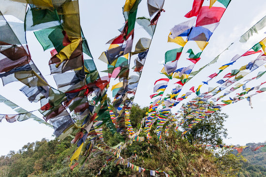 Tibetan Buddhist Prayer Flag include red, green, yellow, blue and white colors in North Sikkim, India.