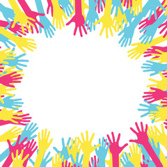 Hands in circle with place in center for text. Concept of group of children, people and union. Waving hands in the fun event. Hand-voting in the crowd. Vector illustration