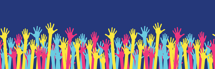 Seamless horizontal pattern from raised colorful hands at a party. Waving hands in the fun event. Hand-voting in the crowd. Vector illustration