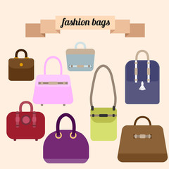 Set of fashion handbags. Trendy female bags in flat art style isolated on light background