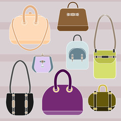 Set of female bags with white outline isolated on striped light colored background