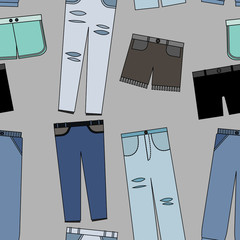 Set of men's and women's trousers, jeans, shorts. Seamless pattern of  fashion jeans with outline on blue background