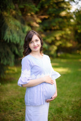 Beautiful pregnant woman resting in the park in blue dress