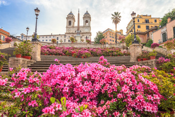 Spanish Steps in the morning with azaleas in Rome, Italy. Rome Spanish Steps (Scalinata della Trinità dei Monti) are a famous landmark and attraction of Rome and Italy. - obrazy, fototapety, plakaty