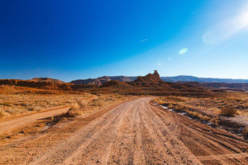 Border between Utah and Arizona, Navajo Indian Reservation, the Monument Valley in winter snowing, USA