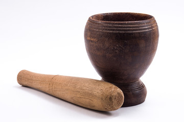 Wooden mortar and pestle Isolated on white background